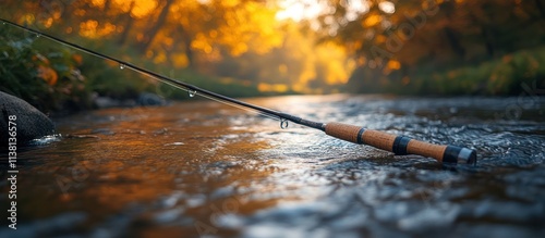 Fishing rod rests in autumn stream at sunset. photo