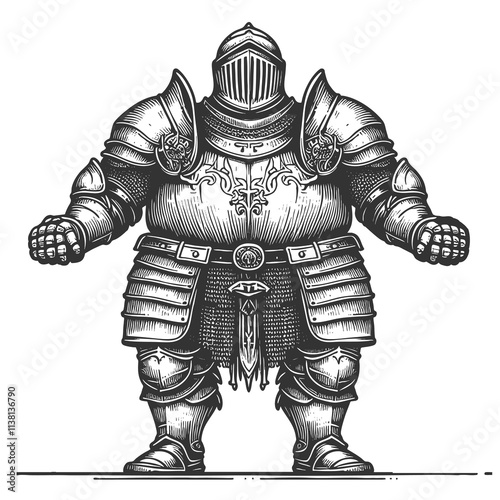 Fat overweight rotund knight in full armor, blending humor and medieval charm sketch engraving generative ai raster illustration. Scratch board imitation. Black and white image. photo