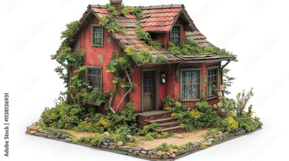 Fototapeta premium Overgrown red house, small scale.