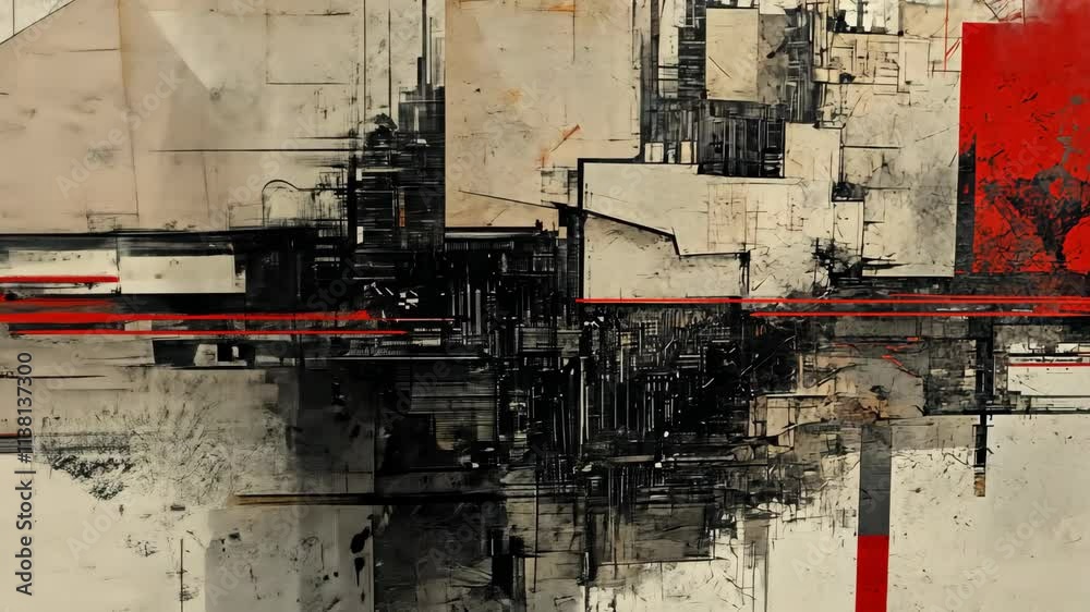 Abstract artwork featuring bold lines and mixed textures in a dynamic composition on a neutral background