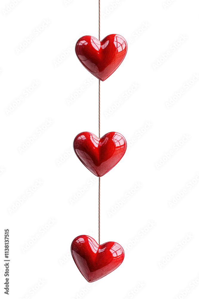 three glossy red hearts hanging on a string isolated on transparent background