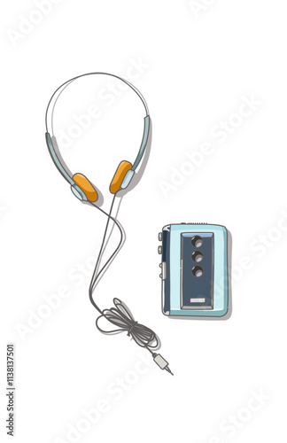 Retro Cable Headset and Cassette tape walkman music issolated on white 