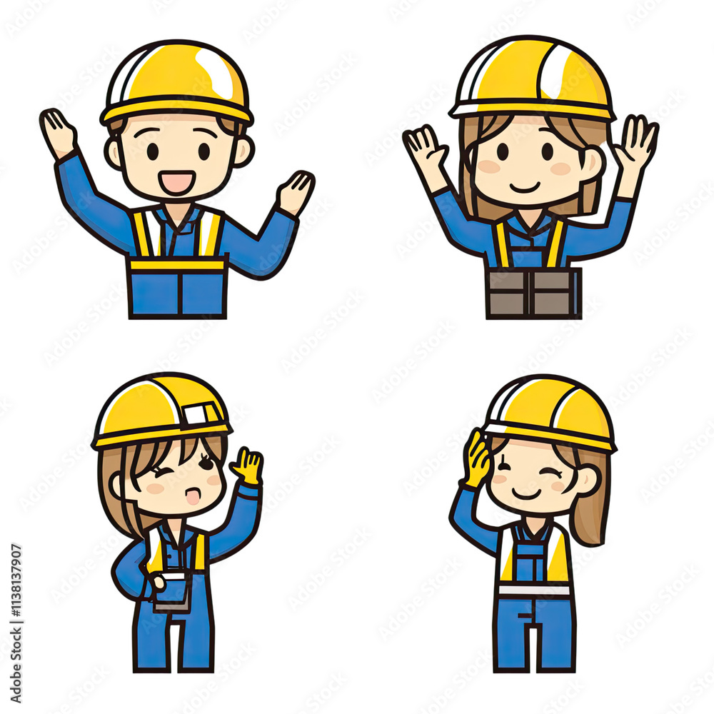 4 simple vector icons depicting Japanese workers wearing blue work and yellow helmets. One man has his arms crossed over his chest, appearing to be deep in thought. 4 simple vector icons depicting Japanese workers wearing blue work and yellow helmets. One man has his arms crossed over his chest, appearing to be deep in thought.