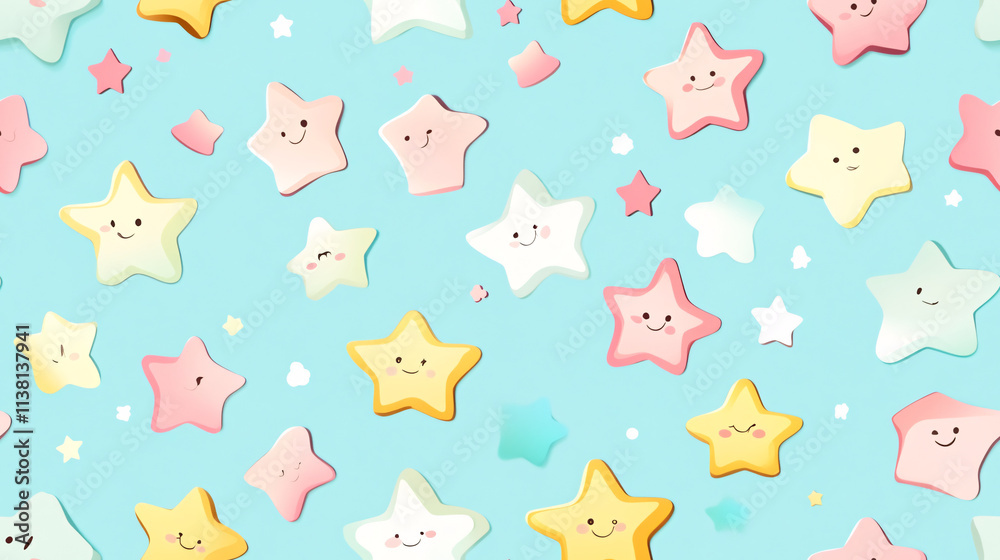 A seamless wrapping paper design featuring colorful, simple star-shaped characters on a soft blue background. Perfect for children’s themes, gift wrapping, or playful and cheerful designs A seamless wrapping paper design featuring colorful, simple star-shaped characters on a soft blue background. Perfect for children’s themes, gift wrapping, or playful and cheerful designs