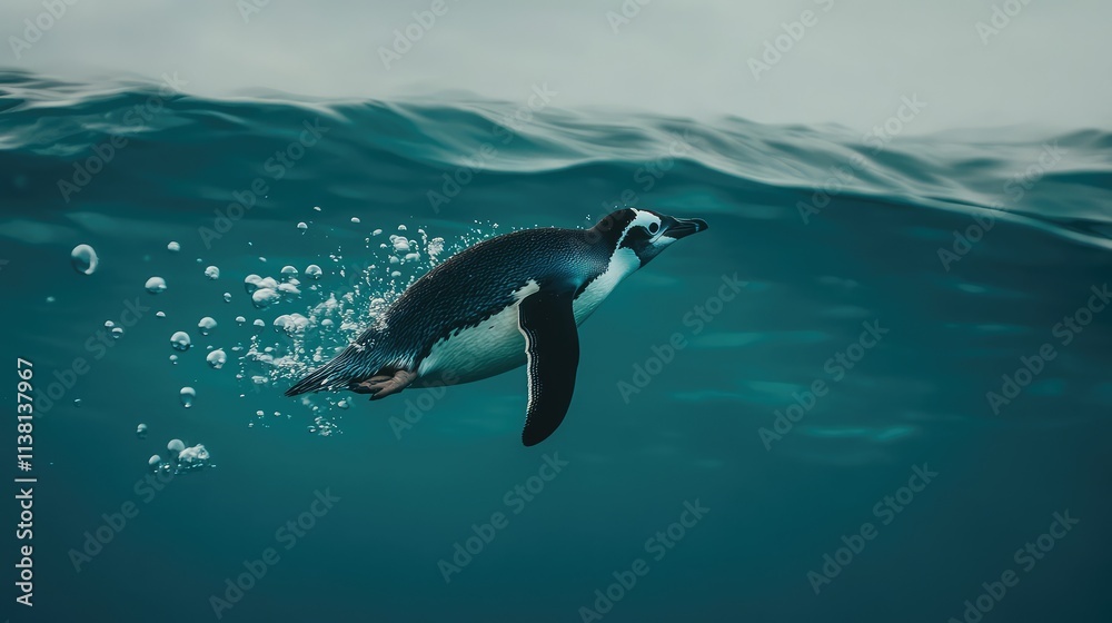 Naklejka premium Penguin Swimming Underwater with Bubbles in Clear Blue Water