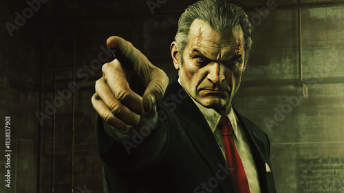 A devilish business man in a suit doing the classic finger point at the viewer