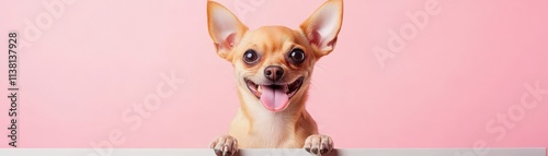 A playful Chihuahua peeks over a surface with a happy expression against a pink backdrop.