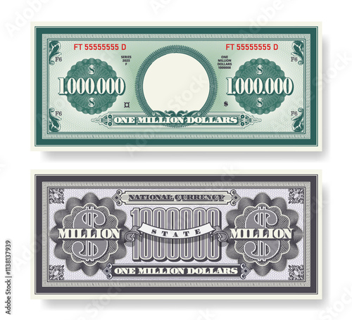 Vector fictional beautiful banknote of 1000000 dollars. Obverse and reverse of note. Play money with empty circle, guilloche patterns and grid. Blank or sample of certificate. Million.