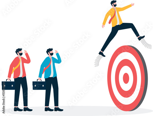 Business flat vector concept man jumping use pole vault over target metaphor of exceeding the target. Illustration For Wallpaper, Banner, Background, Infographic, Book, And Web Landing Page.
