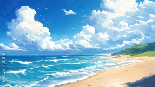 Wallpaper Mural Painting of a beach with thick white clouds and blue water Torontodigital.ca