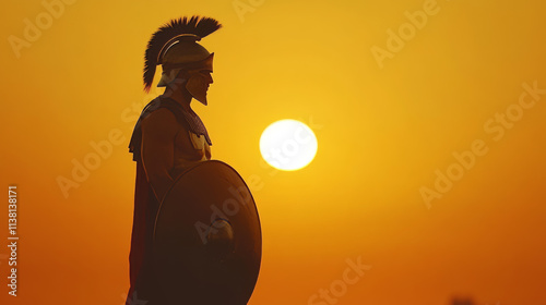 A Spartan or Trojan ancient Greek hoplite warrior silhouette. Could also be a Roman gladiator. photo