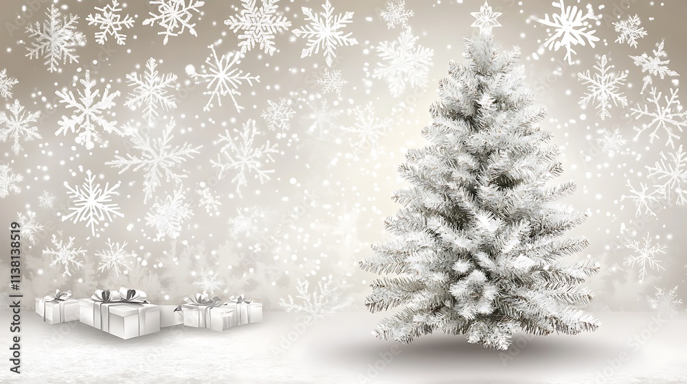 Christmas Tree With Silver Tinsel And Snowflakes In Background