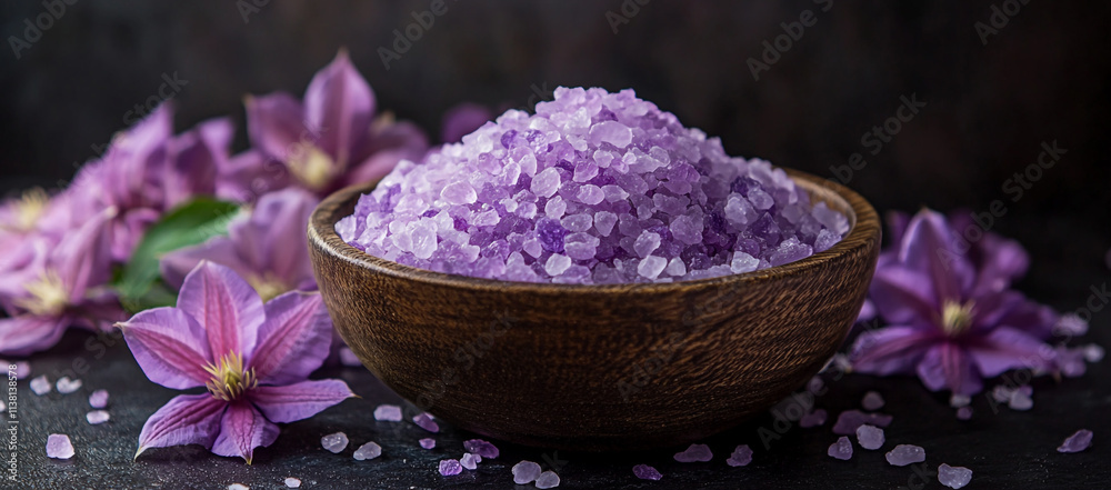 A rustic wooden bowl filled with vibrant purple sea salt and delicate clematis flowers rests on an aged black table surrounded by scattered petals. A rustic wooden bowl filled with vibrant purple sea salt and delicate clematis flowers rests on an aged black table surrounded by scattered petals.