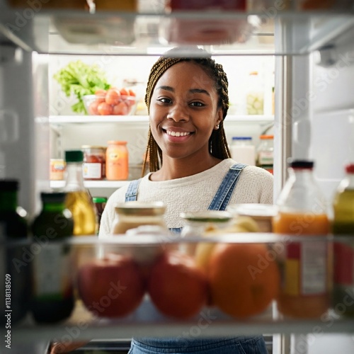 Person looking in the open fridge, look from the inside