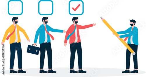 Business flat vector concept hand give check mark to businessman who paid with coin metaphor of corruption. Illustration For Wallpaper, Banner, Background, Infographic, Book, And Web Landing Page.
