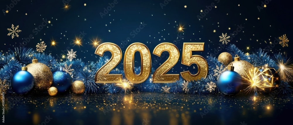 Sparkling 2025 New Years Eve Celebration with Gold and Blue Ornaments Sparkling 2025 New Years Eve Celebration with Gold and Blue Ornaments