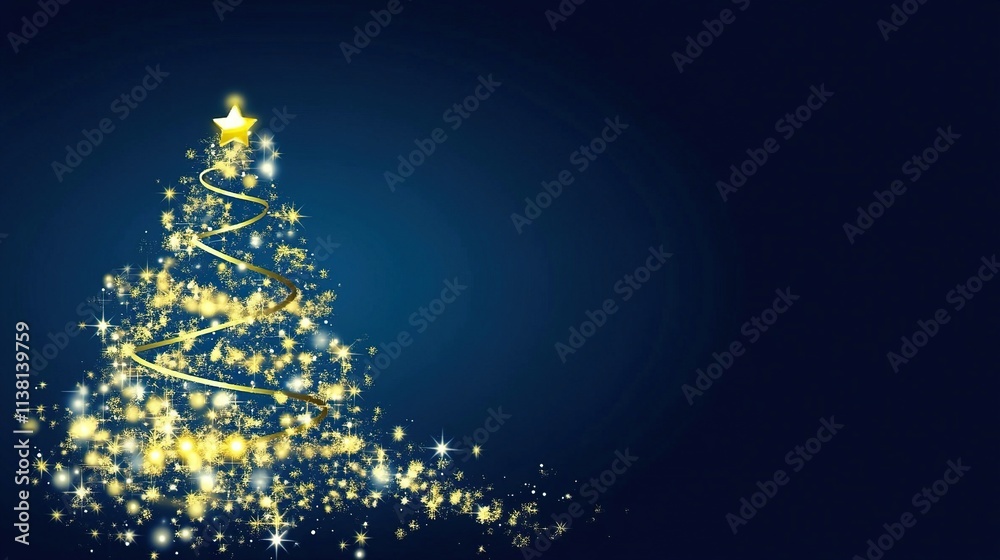 An elegant Christmas tree with gold ornaments and soft bokeh lights on a dark blue background, perfect for holiday cards, banners, invitation templates, celebrations, parties, business promotions An elegant Christmas tree with gold ornaments and soft bokeh lights on a dark blue background, perfect for holiday cards, banners, invitation templates, celebrations, parties, business promotions
