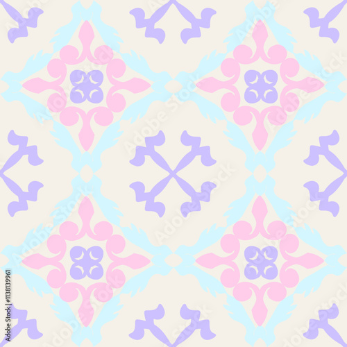 Pink, blue, and purple (pastel color) classic traditional damask design, seamless pattern, vector illustration for elegant textile design. Design for fabric ends and clothing.