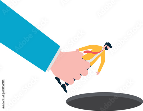 Business flat vector concept hand hold businessman to put in cage metaphor of debt. Illustration For Wallpaper, Banner, Background, Infographic, Book Illustration, And Web Landing Page.
