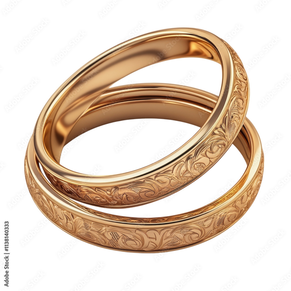 3D rendering of three golden bangle rings isolated on a white background, with a golden texture and engraved pattern 3D rendering of three golden bangle rings isolated on a white background, with a golden texture and engraved pattern