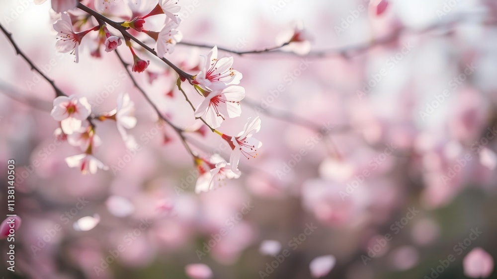 Soft pink sakura petals gently falling against a blurred background, spring, beauty, nature Soft pink sakura petals gently falling against a blurred background, spring, beauty, nature