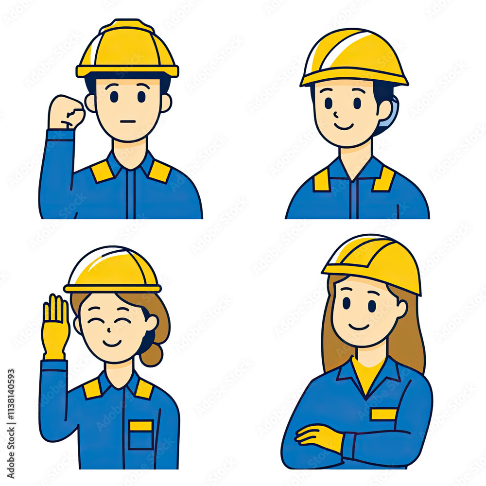 4 simple vector icons depicting Japanese workers wearing blue work and yellow helmets. One man has his arms crossed over his chest, appearing to be deep in thought. 4 simple vector icons depicting Japanese workers wearing blue work and yellow helmets. One man has his arms crossed over his chest, appearing to be deep in thought.
