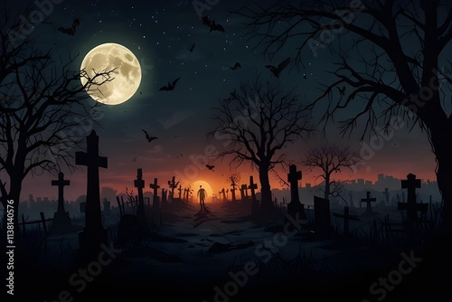 Zombie Rising Out Of A Graveyard cemetery In Spooky scary dark Night full moon bats on tree. Holiday event halloween banner background concept. Generative AI