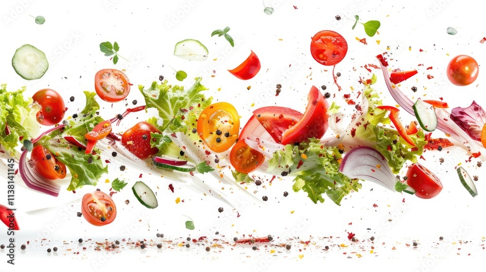 Colorful vegetables and herbs flying through the air showcasing fresh ingredients in a vibrant kitchen environment Colorful vegetables and herbs flying through the air showcasing fresh ingredients in a vibrant kitchen environment