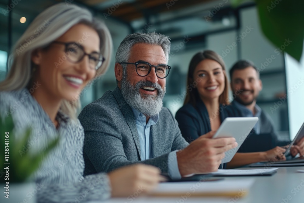 Happy middle-aged business man and woman team working with a tablet at an office meeting. Happy middle-aged business man and woman team working with a tablet at an office meeting.