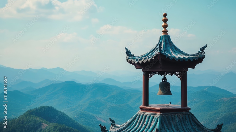 Obraz premium Traditional Asian Pavilion Overlooking Serene Mountain Landscape