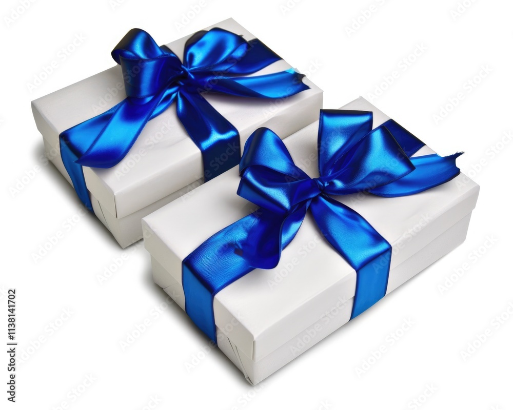 Double White Gift Boxes Tied with Blue Satin Ribbon Bow – Festive Decoration for Christmas, Valentine's Day, Weddings, and Birthdays Double White Gift Boxes Tied with Blue Satin Ribbon Bow – Festive Decoration for Christmas, Valentine's Day, Weddings, and Birthdays