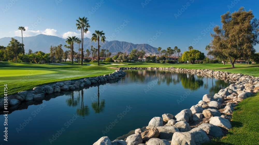 Fototapeta premium Tranquil Golf Course Landscape with Palm Trees and Reflections