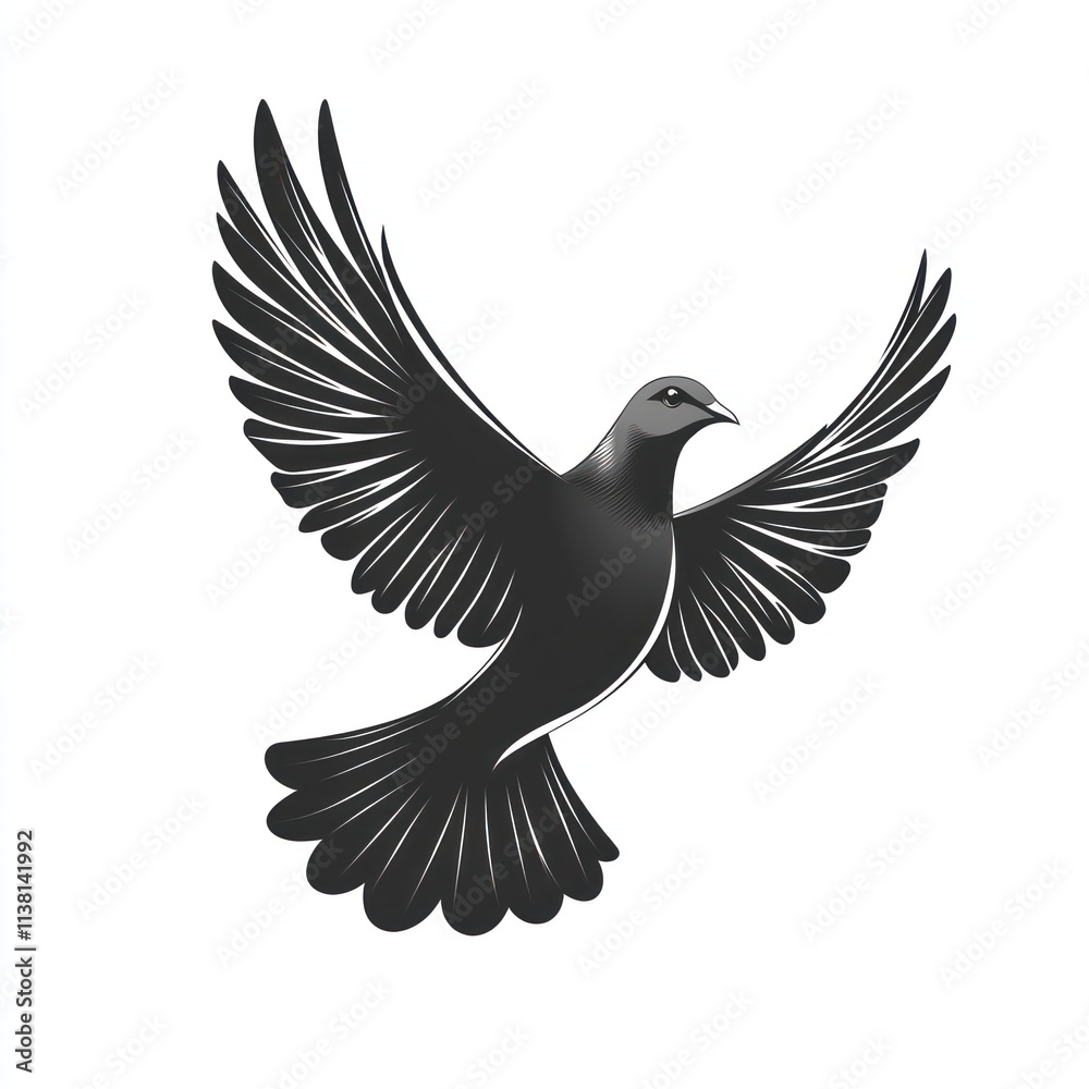 Obraz premium Black dove in flight, wings spread wide.