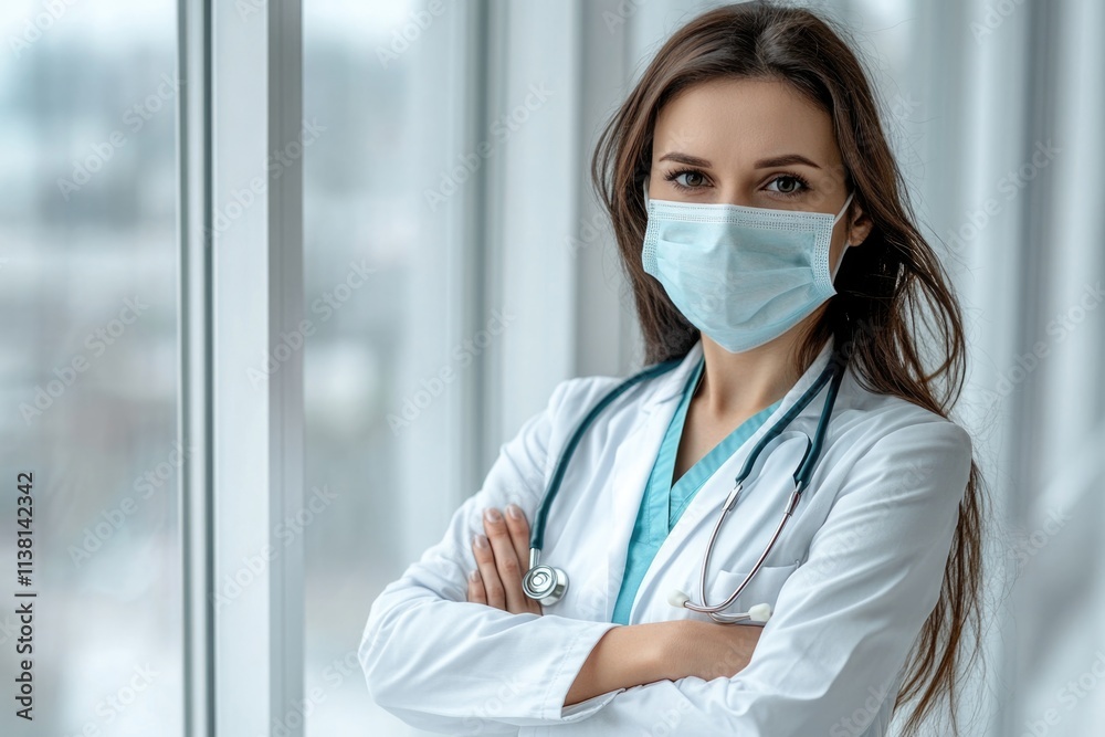 A female doctor wearing a medical mask and standing with her arms crossed near a window in a hospital. A female doctor wearing a medical mask and standing with her arms crossed near a window in a hospital.