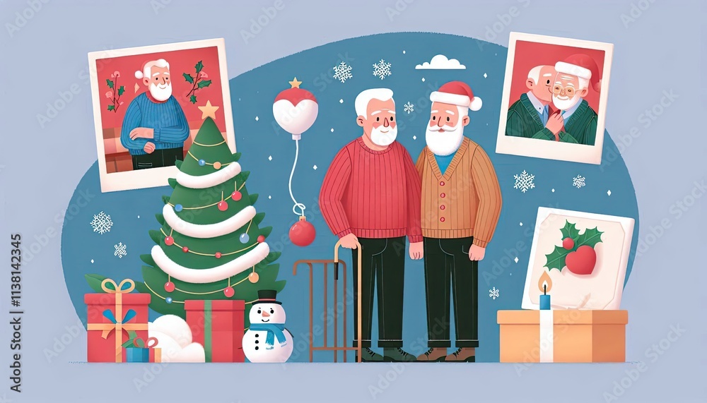 Fototapeta premium Elderly couple celebrating Christmas with decorations and gifts in a joyful scene