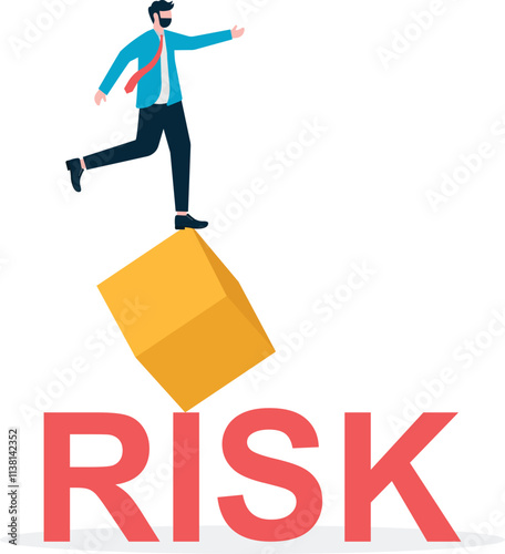 A man stands carefully on an overturned box and there is a shadow that says risk. Illustration of risk management, business mistakes, strategy and planning.

