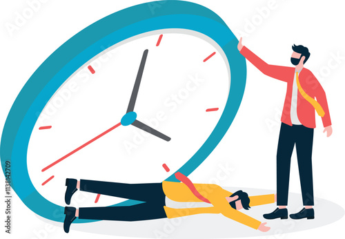 Man crushed by a large clock, a metaphor for time pressure. Simple flat conceptual illustration.
