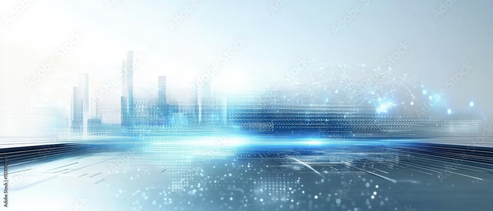 Fototapeta premium Futuristic Cityscape: Abstract Digital Data Network and City Skyline