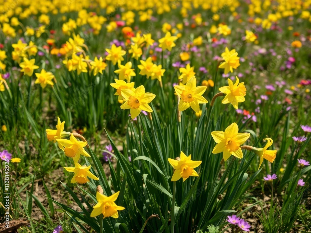 Vibrant yellow daffodil flowers sway in a field under the bright sun, petals, plant Vibrant yellow daffodil flowers sway in a field under the bright sun, petals, plant