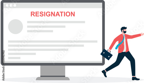 Man carrying briefcase with resignation email, metaphor for resignation. Simple flat conceptual illustration.

