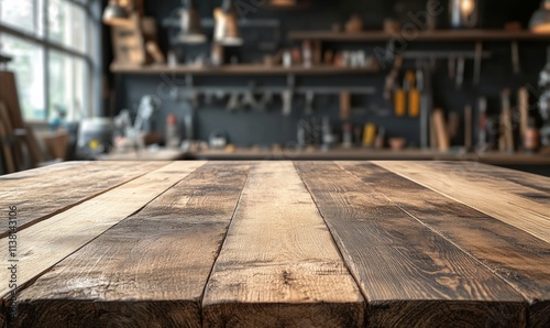 Empty wooden table with blurred background featuring carpenter's tools on the wall, carpenter, tools, wood, table