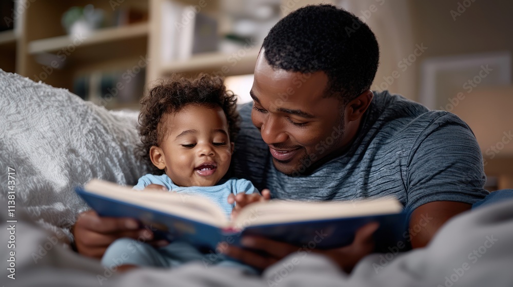 A parent reads a familiar bedtime story to their child, reliving the magic of well-loved characters and adventures A parent reads a familiar bedtime story to their child, reliving the magic of well-loved characters and adventures