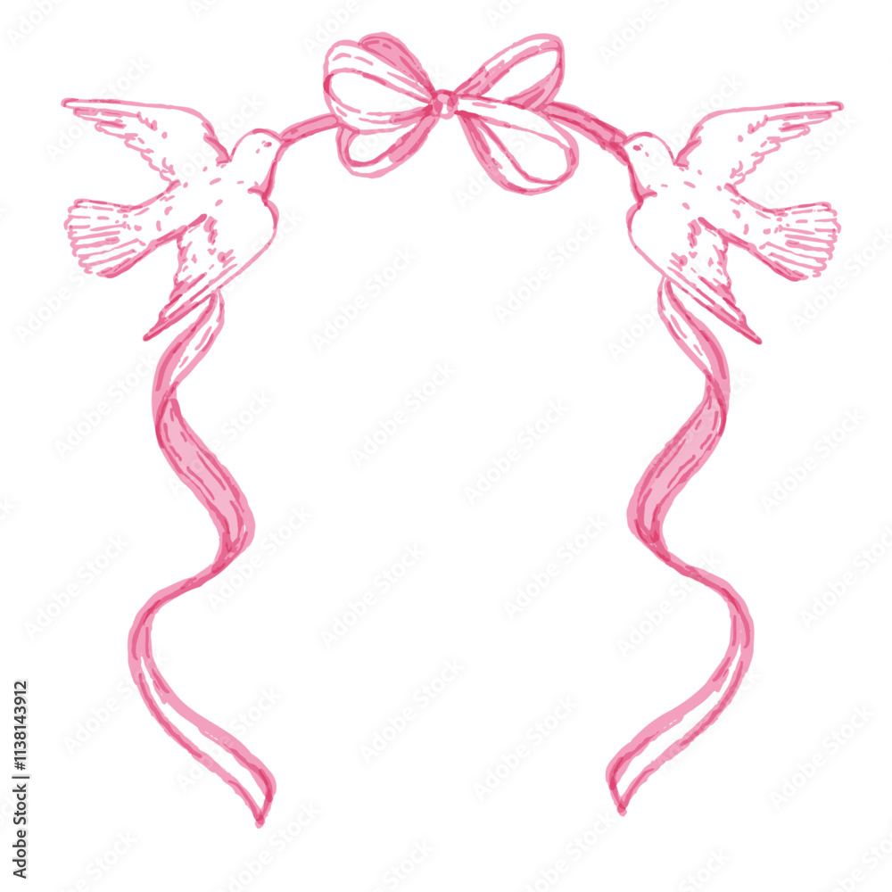 Wedding ribbon frame, vector watercolor pink love border, anniversary celebration design element. Dove with bow, invitation whimsical wavy decoration, feminine doodle print. Valentine ribbon frame