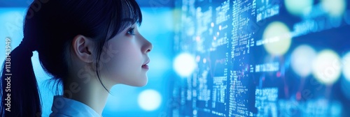 A Japanese woman looking at stock market data on a digital screen.