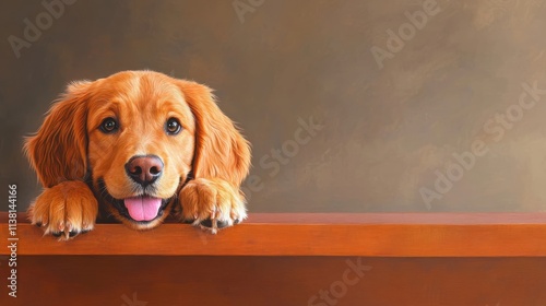 A playful golden retriever puppy resting its paws on a wooden surface, looking joyful.
