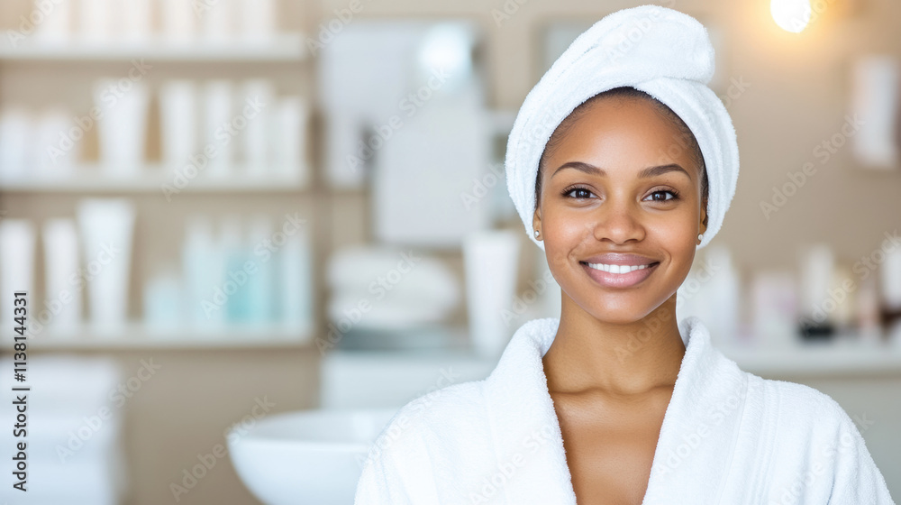 Woman in White Robe and Towel Smiles Confidently in a Bright Spa-Like Setting With Beauty Products on Display and Warm Lighting in Morning Hours Woman in White Robe and Towel Smiles Confidently in a Bright Spa-Like Setting With Beauty Products on Display and Warm Lighting in Morning Hours