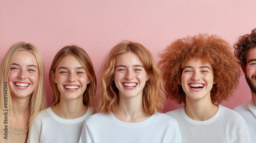 Obraz premium Group of Young Adults Smiling Happily Together Against a Pink Background in a Relaxed and Cheerful Atmosphere During a Casual Gathering