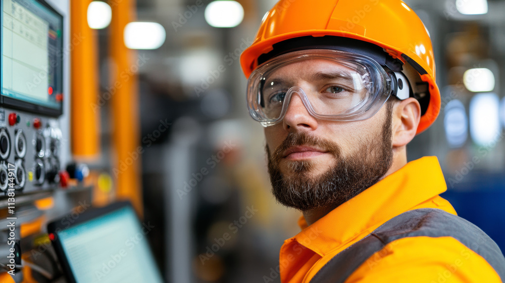 Skilled Worker in Safety Gear Operating Machinery in a Factory Environment During a Bright Day Shift Skilled Worker in Safety Gear Operating Machinery in a Factory Environment During a Bright Day Shift