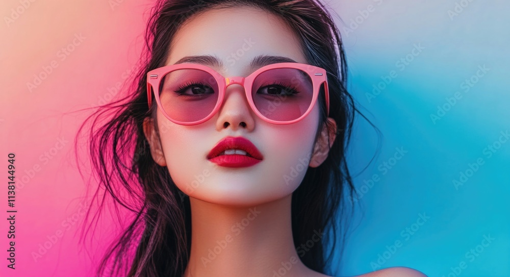 Asian woman wearing pink sunglasses against a colorful background. Asian woman wearing pink sunglasses against a colorful background.