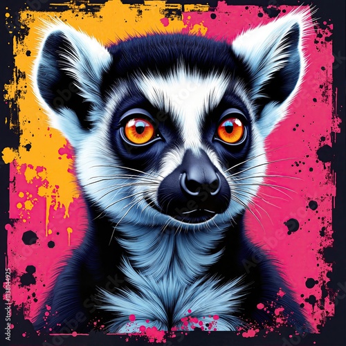 Lemur Portrait with Vibrant Orange Background and Bold Details, Print for T-Shirt photo